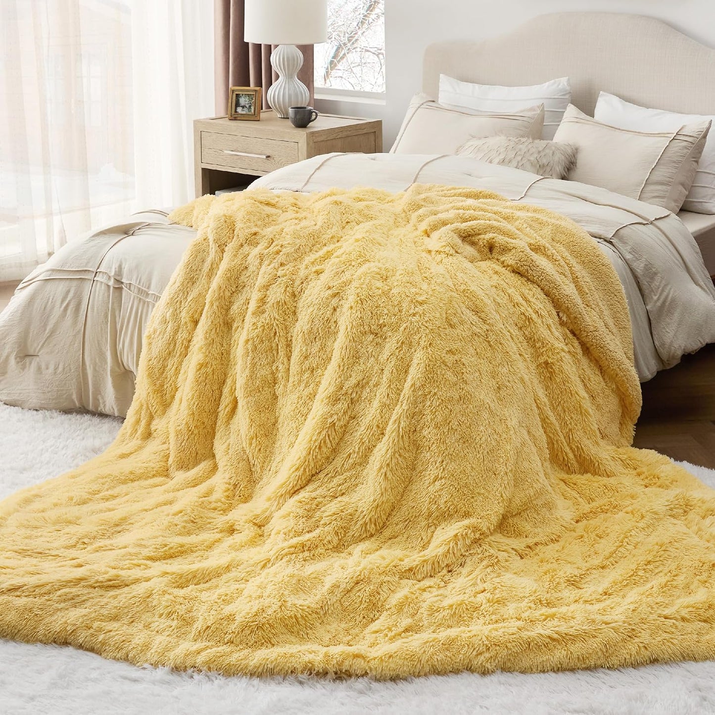 Bedsure GentleSoft Fluffy Yellow King Size Blanket for Bed, Thick Soft Sherpa Faux Fur Fleece Bedding Fuzzy Plush Winter Warm Heavy Big Large King Blanket, Cozy Yellow Gifts for Men Women, 108x90