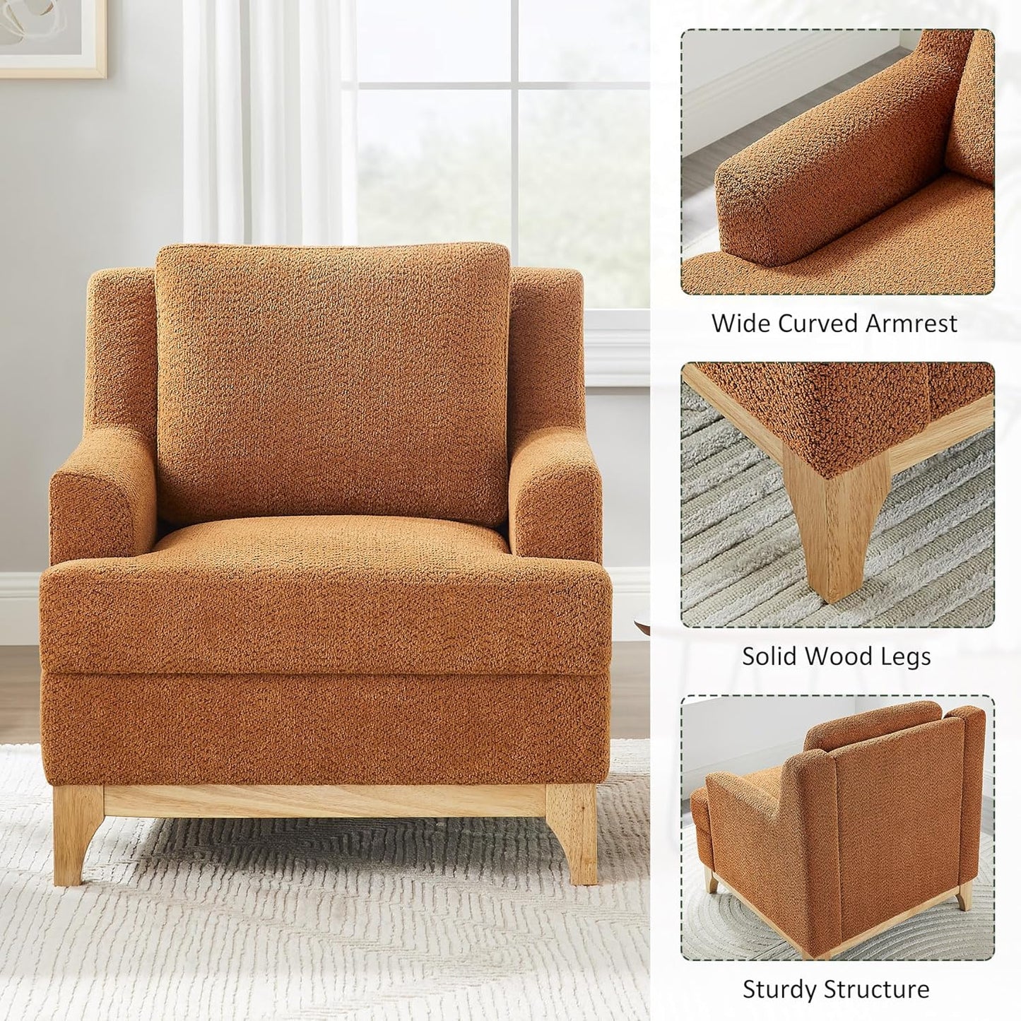 Oversized Accent Chair, Modern Boucle Armchair with Wood Legs, Modern Reading Chair with Thick Cushion, Comfy Chairs for Living Rooms, Bedrooms, Reading nooks and Apartments