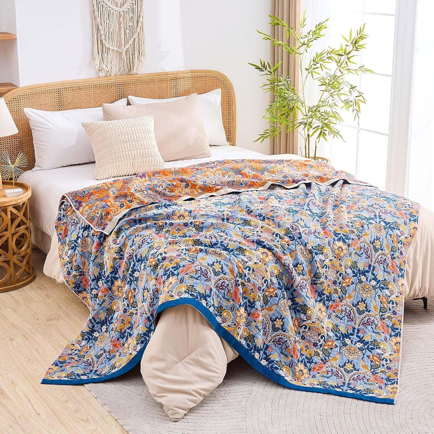 Boho Throw Blanket for Bed, 100% Cotton Soft Rustic Quilt Fall Blanket, 90"x98" Floral Printed Farmhouse Decor Bed Blankets, All Season Rustic Reversible Bohemian Throw Quilt