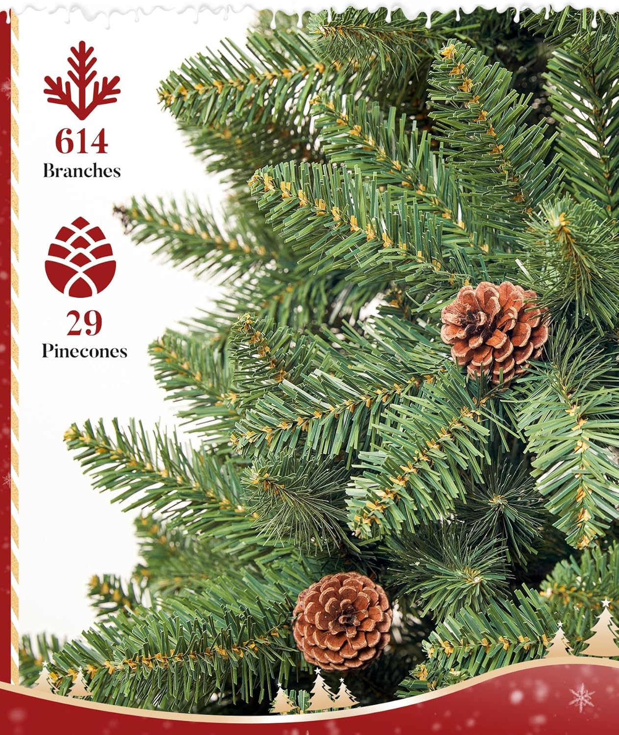 Decoway 5FT Artificial Christmas Tree: Unlit Green Xmas Pine with Pinecones and Metal Stand for Indoor - Holiday Decoration for Porch Living Room Easy Assembly