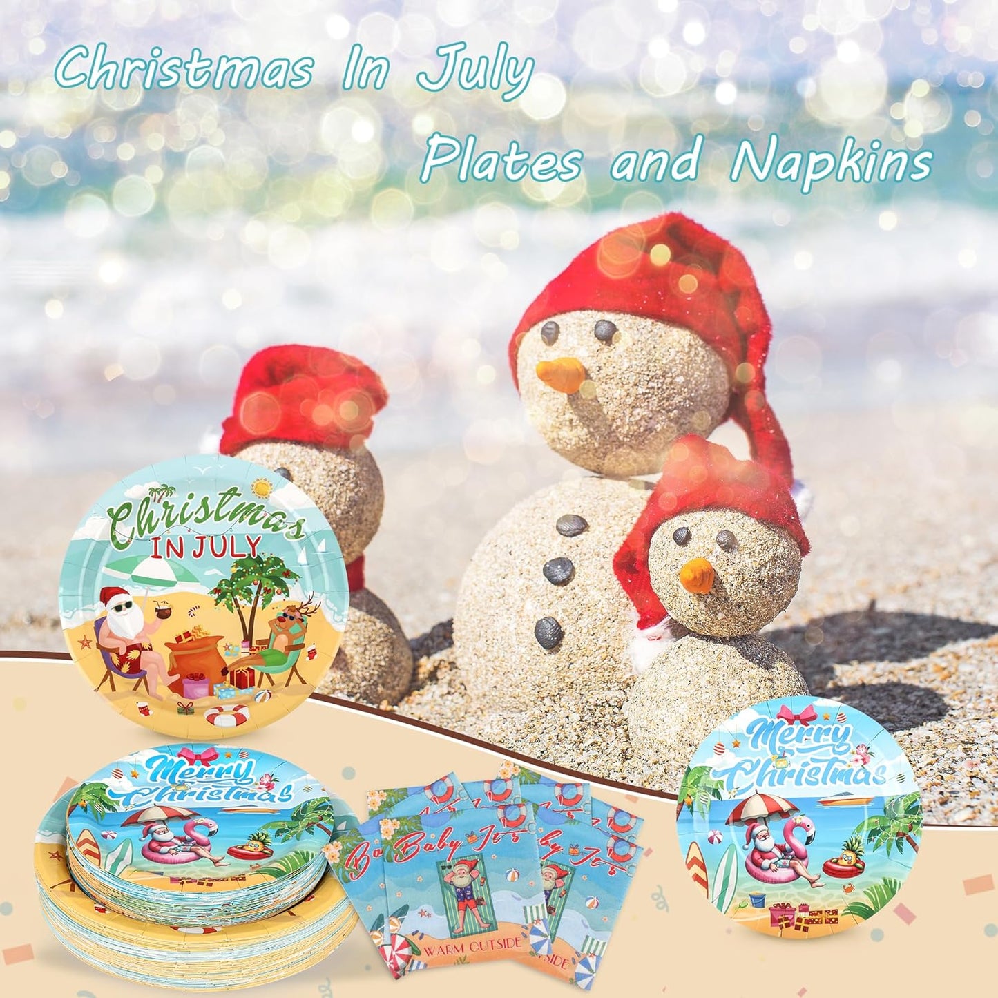 150Pcs Christmas in July Party Decorations Plates Napkins Summer Tropical Hawaiian Christmas Santa Beach Paper Plates for Christmas in July Beach Pool Party Supplies,Serves 50