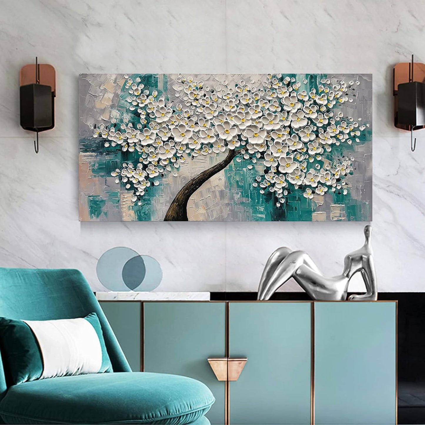 3D Abstract Art Oil Painting White Flower Tree Painting Textured Palette Knife White Flower Painting Modern Canvas Wall Art Home Decoration Home Painting (24x48 inches)