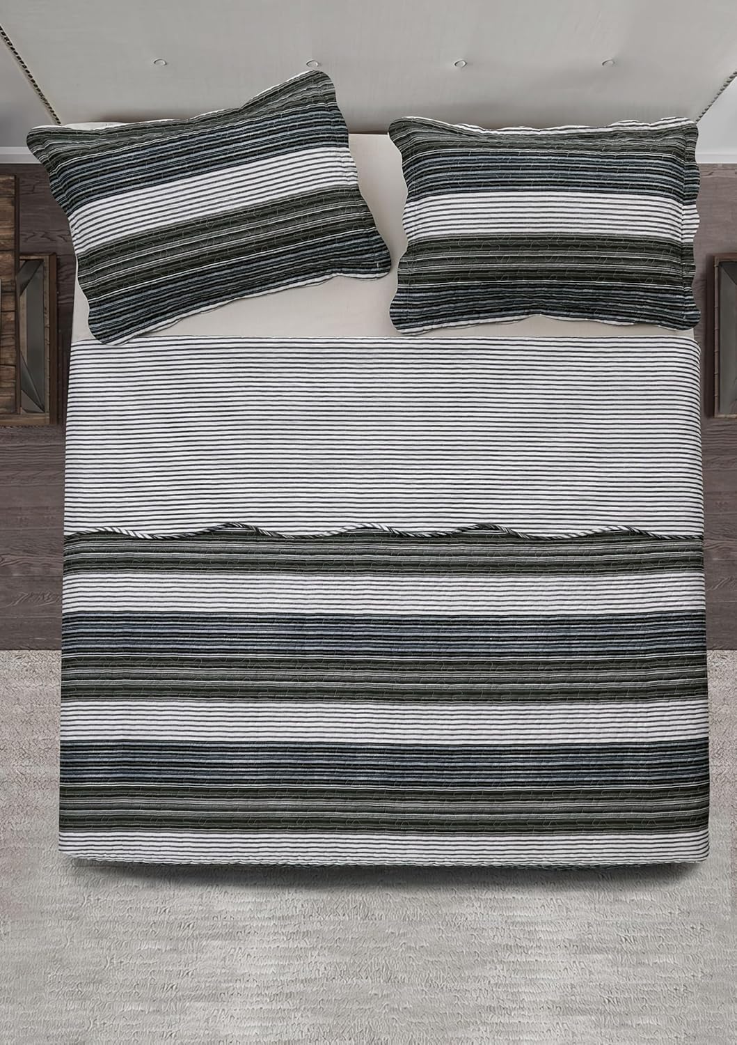 Brilliant Sunshine Multi Grey Stripes Patchwork, 3-Piece Quilt Set with 2 Shams, Reversible Bedspread, Soft Lightweight Coverlet, All-Season, King, Multi Grey