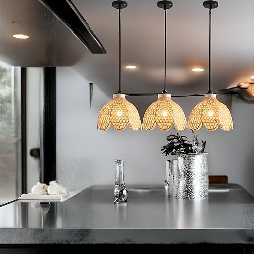 3-Pack Boho Pendant Light Fixture 9.8" Bamboo Hanging Light Mini Rattan Pendant Light,Woven Wicker Shade Rattan Chandelier for Dining Living Bedroom Kitchen Farmhouse