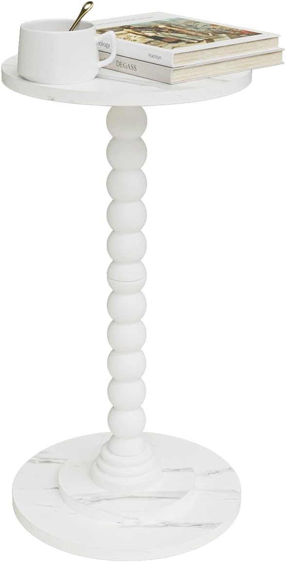 Masupu Round Side Table, Small Drink Table for Small Spaces, Pedestal End Table with Solid Wood Leg for Living Room, Bedroom, Corners(Marble White)