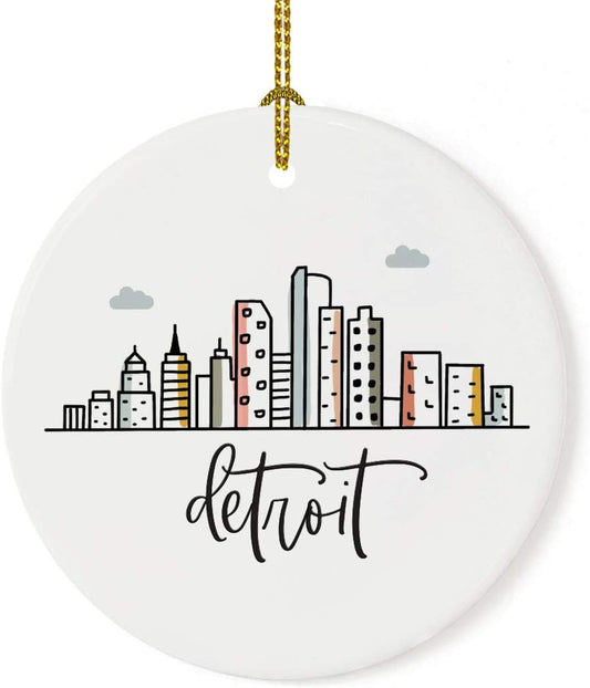 Andaz Press Round Ceramic Porcelain Christmas Tree Ornament Keepsake, Detroit Colorful City Skyline Graphic, 1-Pack, Birthday Gift Ideas Family Coworker Him Her, Includes Gift Box