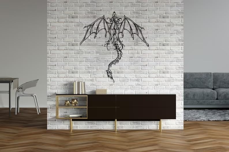 Dragon Metal Wall Art | Legendary Fantastic Dragon Wall Decor | Mythologic Wall Hanging | Man Cave Decorative | Mythic Wyvern Sculpture for Living Room Bedroom Game Room (Black - 47.2'' x 45 / 119 x