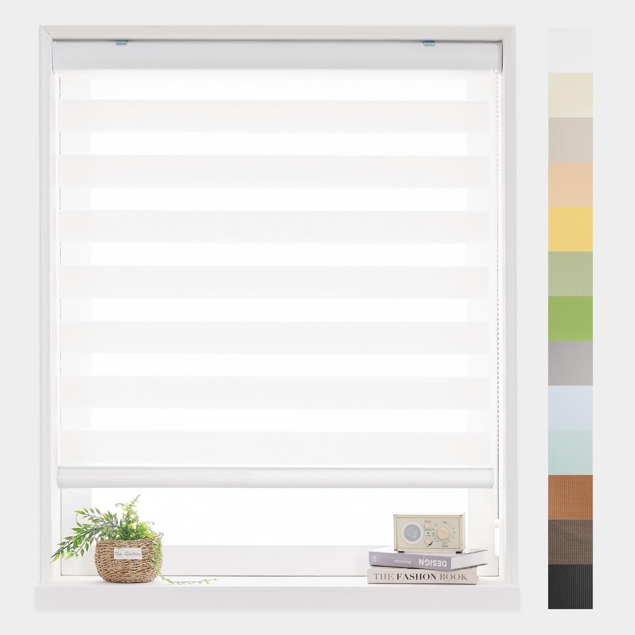 Foiresoft Standard Zebra Roller Blinds for Windows [W32 x H64 Inch, White, Basic], Light Filtering Dual Layer Shades for Bedroom, Living Room, Office, 13 Colors