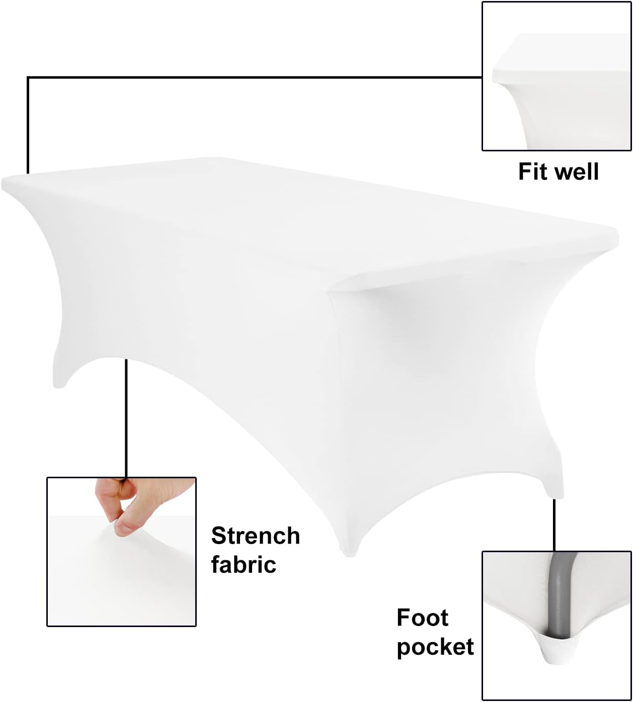 Spandex 8ft Waterproof Table Cover for Party,Wedding, Banquet, and Events(White)
