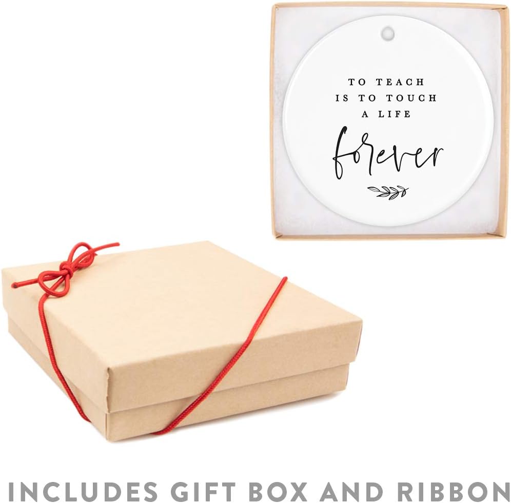 Andaz Press Round Ceramic Porcelain Christmas Tree Ornament for Teacher Thank You Appreciation Graduation Gift, to Teach is to Touch a Life Forever, 1-Pack