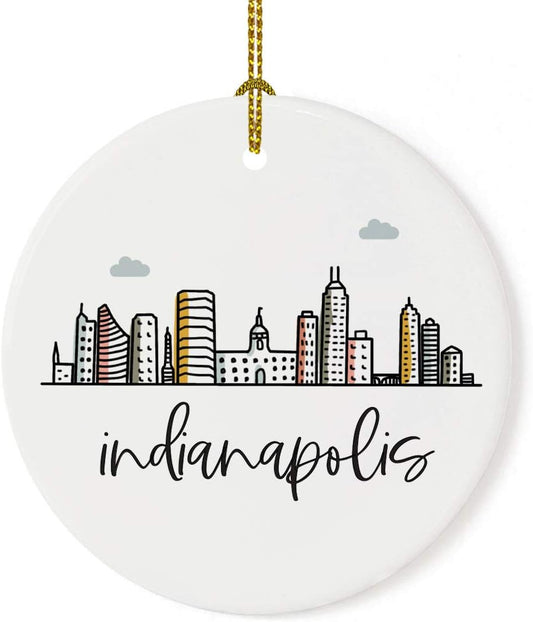 Andaz Press Round Ceramic Porcelain Christmas Tree Ornament Keepsake Gift, Indianapolis, Colorful City Skyline Graphic, 1-Pack, Birthday Ideas Family Coworker Him Her, Includes Gift Box