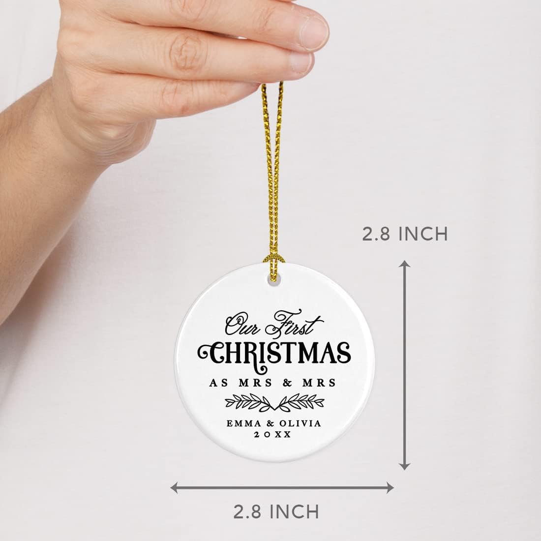 Andaz Press Personalized Our First Christmas As Mrs. & Mrs. 2025 Christmas Ornaments Laurel Wreath Leaves 2.8" Round Porcelain Ceramic Lesbian Married Couple Gay Women Newlyweds Keepsake 1-Pack