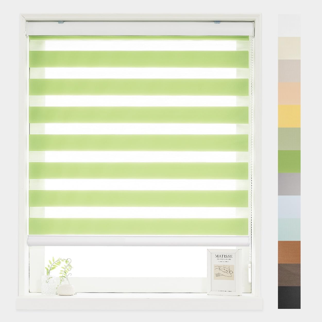 Foiresoft Standard Custom Zebra Roller Blinds for Windows [W10–105 x H10–115 Inch, Green, Basic], Light Filtering Dual Layer Shades for Bedroom, Living Room, Office, 13 Colors