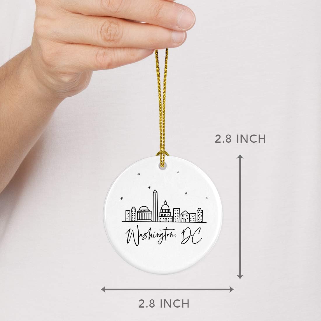 Andaz Press Round Ceramic Porcelain Christmas Tree Ornament, Washington, DC, Black and White Stars City Skyline, 1-Pack, Birthday Family Coworker, Includes Gift Box Washington DC Christmas Ornament
