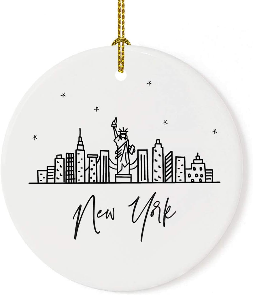 Andaz Press Round Ceramic Porcelain Christmas Tree Ornament, New York, Black And White Stars City Skyline 1-Pack Birthday Ideas Family Coworker, NYC Christmas Ornament New York City Christmas Ornament
