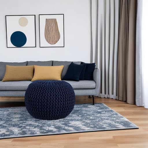 BIRDROCK HOME Round Pouf Ottoman | Cotton Braided Foot Stool with Bean Bag Filling | Boho Foot Rest for Living Room & Bedroom | Compact & Comfortable Seating, Lightweight & Soft | Navy