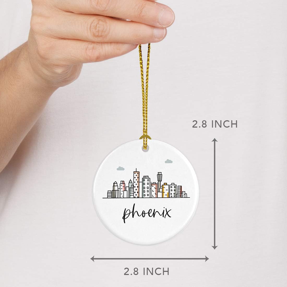 Andaz Press Round Ceramic Porcelain Christmas Tree Ornament Keepsake, Phoenix Colorful City Skyline Graphic, 1-Pack, Birthday Gift Ideas Family Coworker Him Her, Includes Gift Box