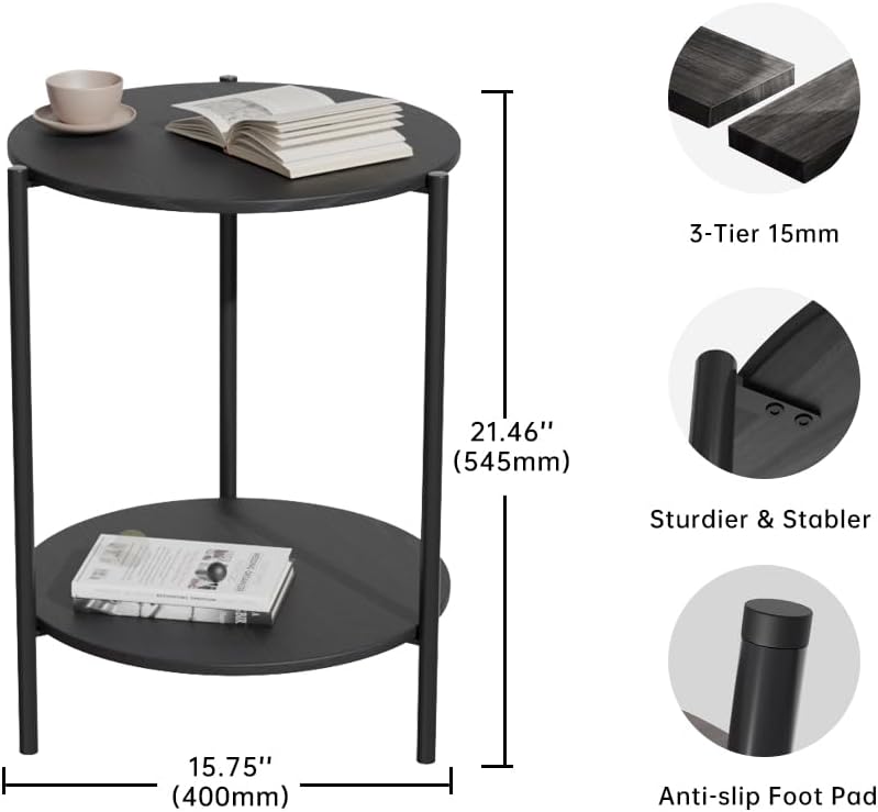 Side Table, Round End Table with 2-Layer Storage Rack, 15.7" Small Spaces Circle Table, Metal Frame Design Small Side Tables, for Living Room, Bedroom, Black