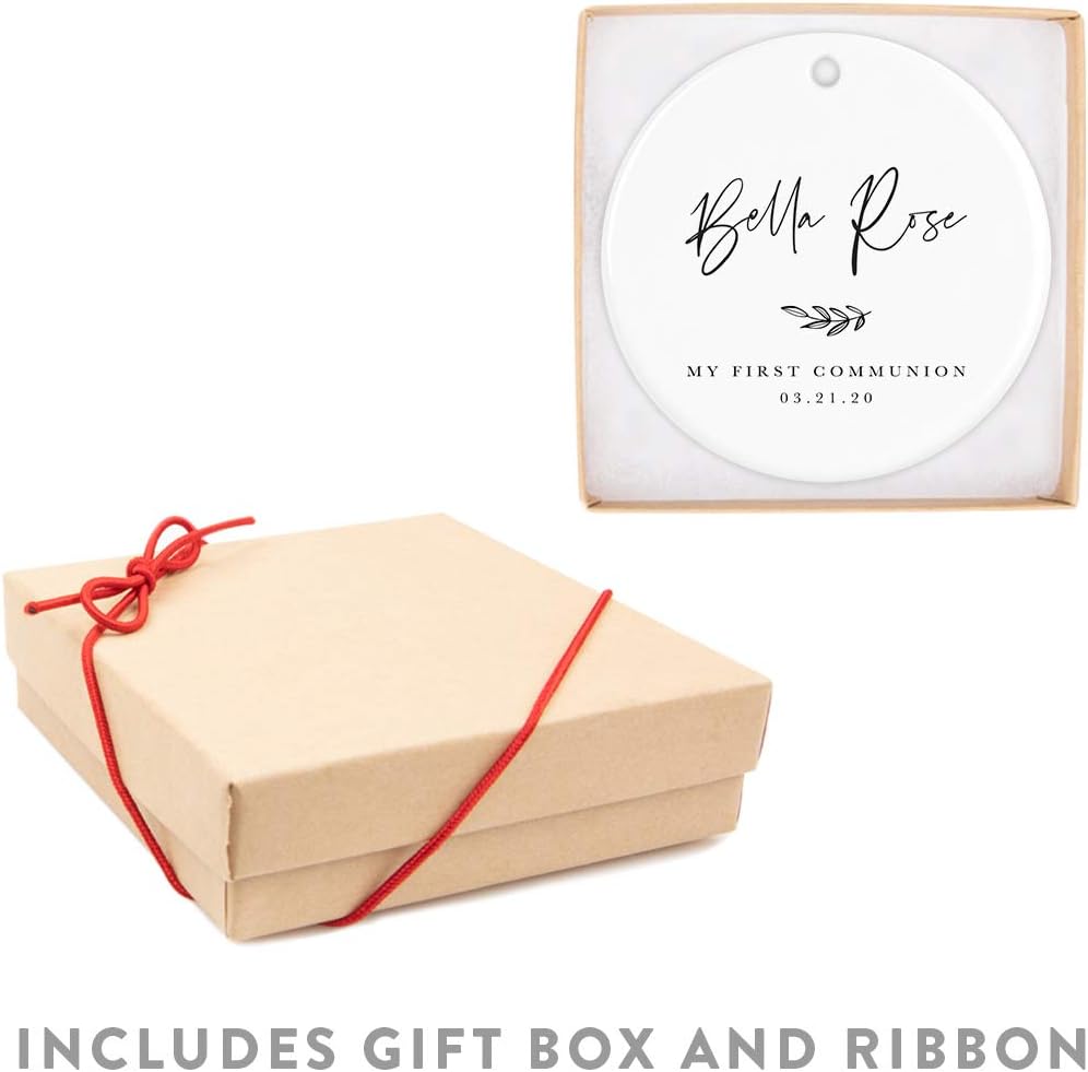 Andaz Press Personalized Round Ceramic Porcelain Christmas Tree Ornament Engagement Collectible Gift for Baby, Ava Marie Carter My First Communion 03.21.20, Antique Handdrawn, 1-Pack