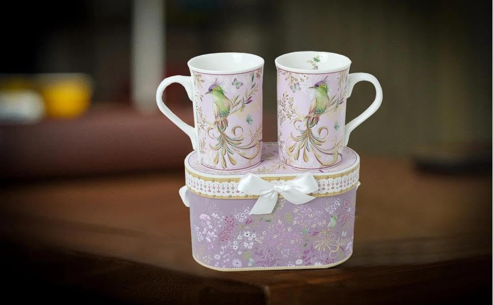 Lightahead Elegant Bone China Two Coffee Mugs Set in Bird Design 10.8 oz Each Cup in Attractive Gift Box