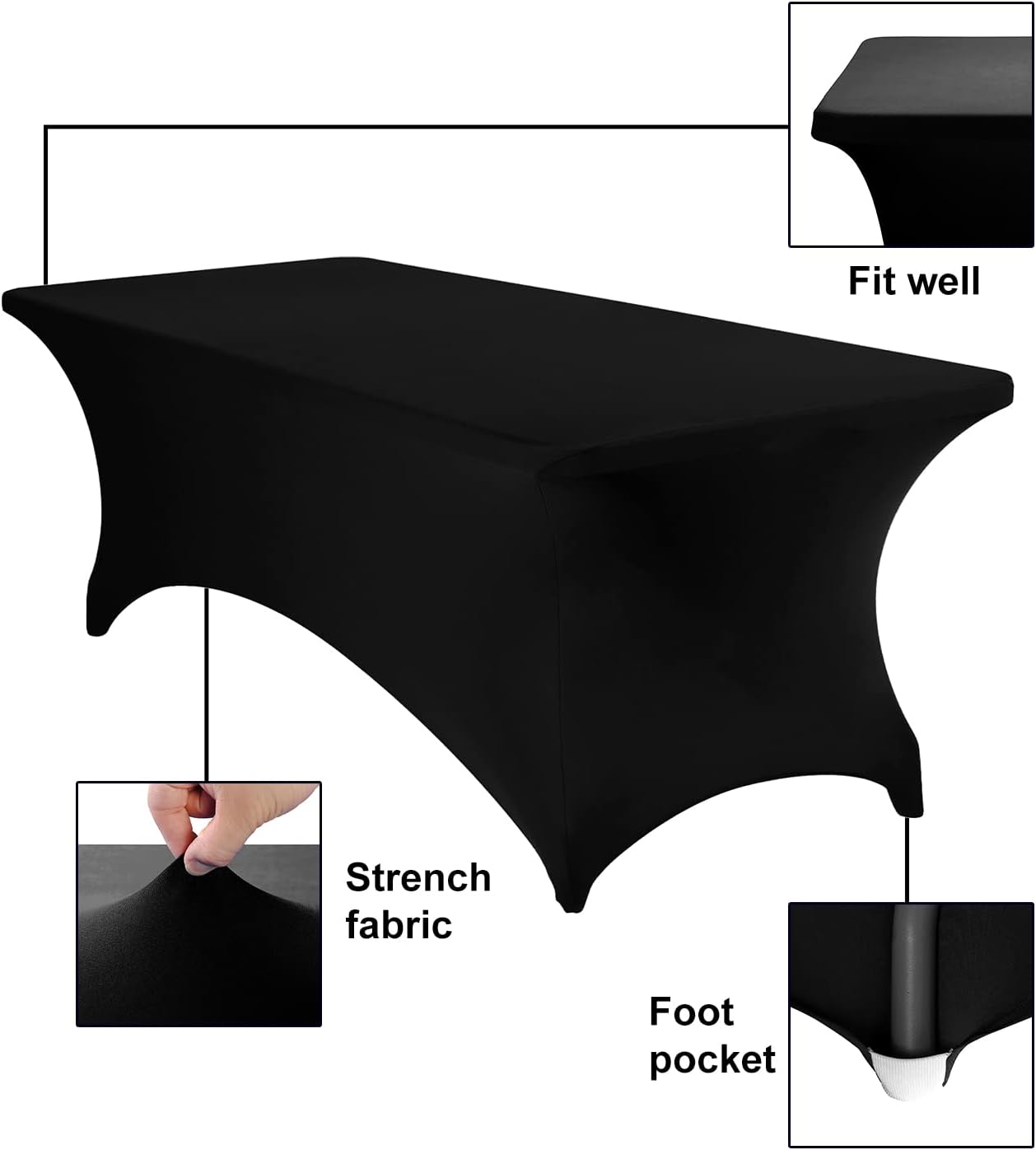 4Pack Spandex Waterproof Table Covers 8ft，Spandex 8ft Waterproof Table Cover for Party,Wedding, Banquet, and Events(Black)