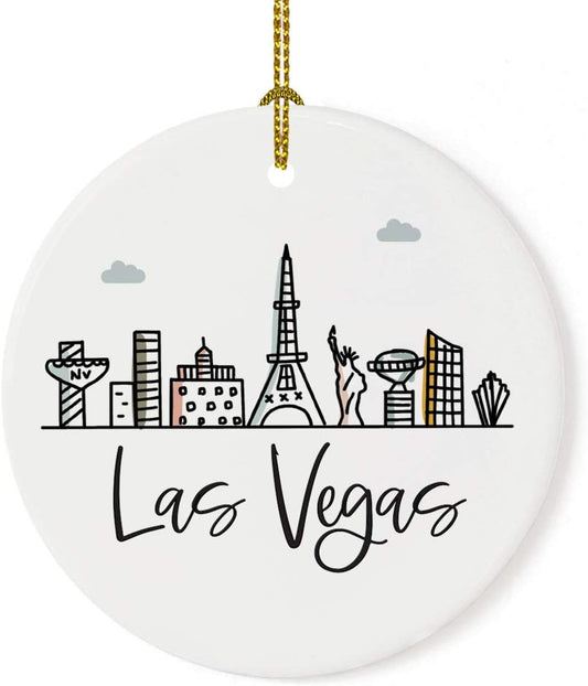 Andaz Press Round Ceramic Porcelain Christmas Tree Ornament Keepsake Gift, Las Vegas, Colorful City Skyline Graphic, 1-Pack, Birthday Gift Ideas Family Coworker Him Her, Includes Box