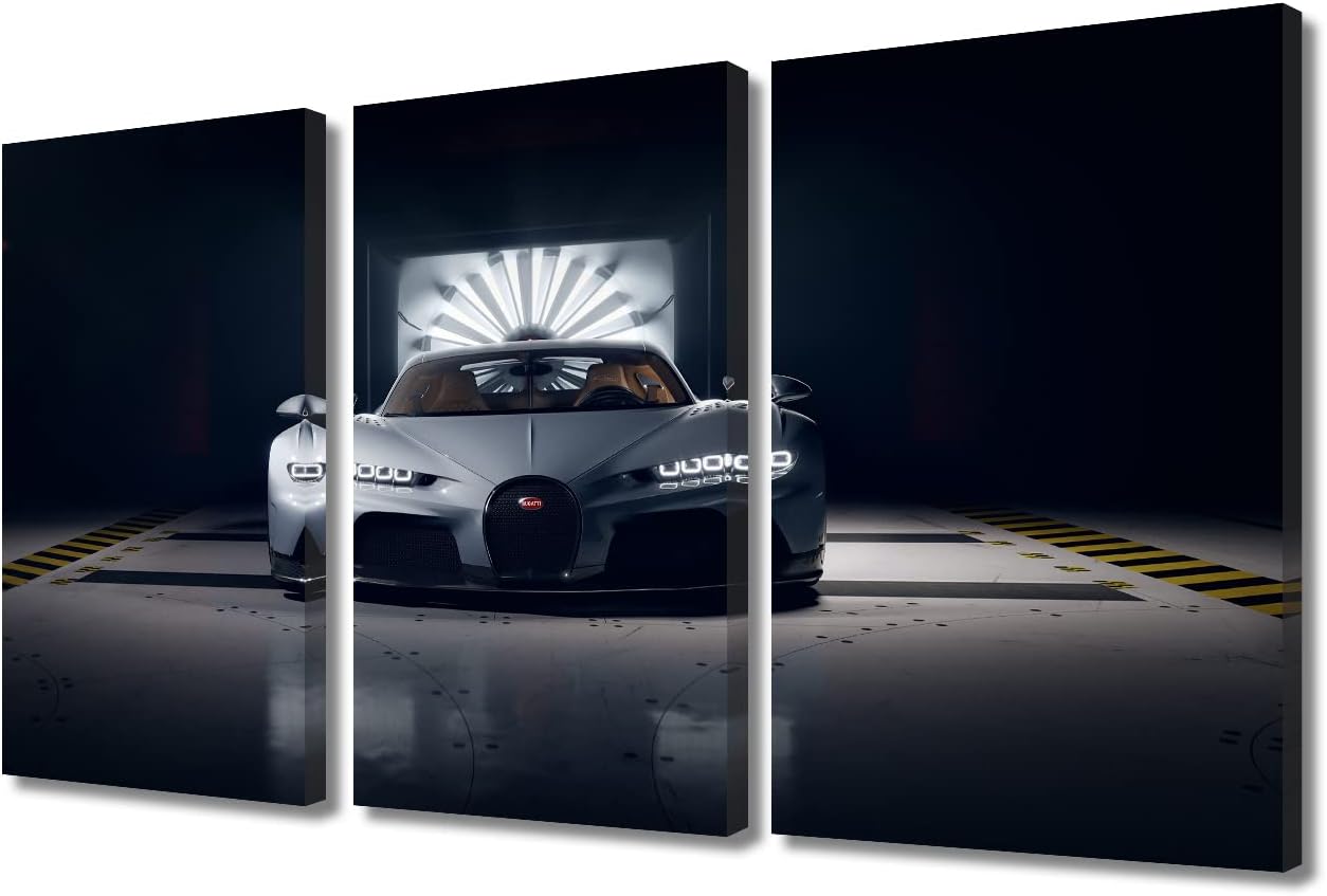 Gray Sports Car in the Garage Canvas Wall Art for Living Room Speed Sports Racing Cars Modern Abstract Painting 3 Panels Picture for Bedroom Office Home Wall Decorations Frame Wall Decor, 36"Wx24"H