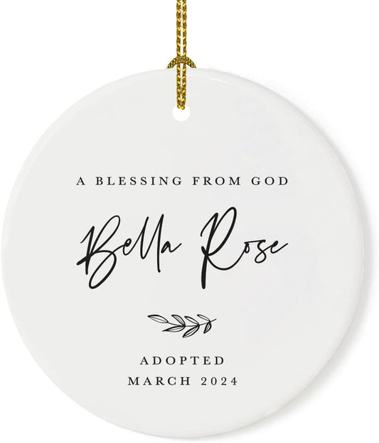 Andaz Press Personalized Adoption Round Ceramic Porcelain Christmas Tree Ornament Keepsake, A Blessing from God Olivia Rose Carter Adopted 2025 Antique Handdrawn, 1-Pack Adoption Ornament 2025