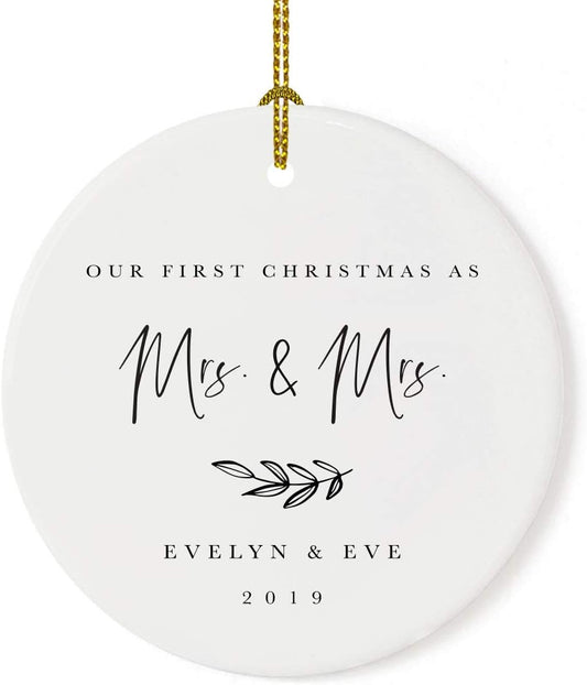 Andaz Press Personalized Lesbian Couple Wedding Round Ceramic Porcelain Christmas Engagement Keepsake Collectible Gift, Our First Christmas as Mrs. & Mrs, Helen & Eve 2025, Antique Handdrawn, 1-Pack
