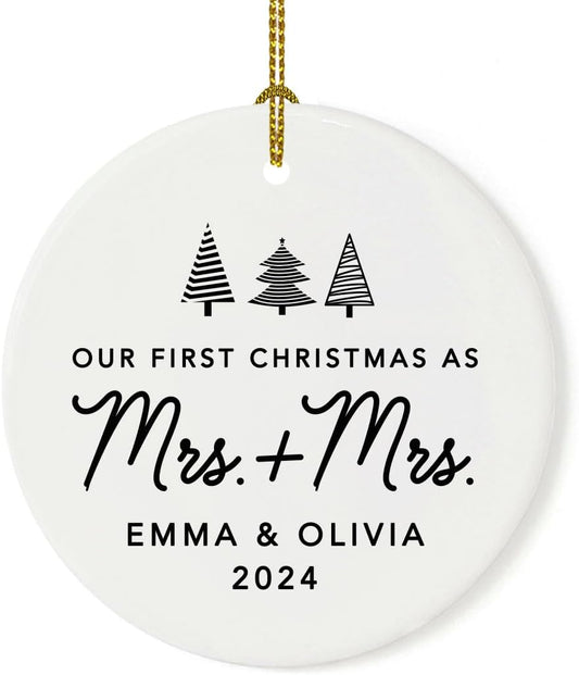 Andaz Press Personalized Our First Christmas As Mrs. & Mrs. 2025 Christmas Ornaments Christmas Trees Design 2.8" Round Porcelain Ceramic Lesbian Married Couple Gay Women Newlyweds Keepsake 1-Pack