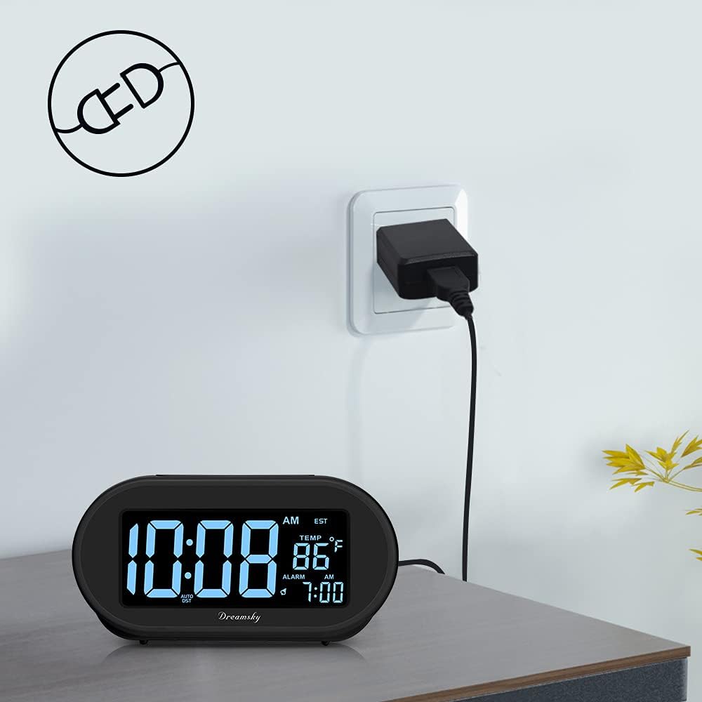 DreamSky Alarm Clocks for Bedrooms, Auto Set Digital Desk Clock for Bedside Nightstand, Electric Clock with Dimmable Brightness Dimmer, Auto DST, USB Port, Date, Temperature, Snooze