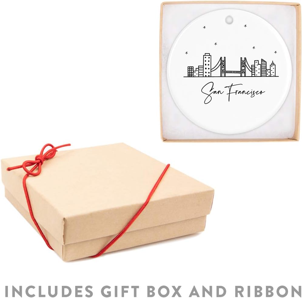 Andaz Press Round Ceramic Porcelain Christmas Tree Ornament Keepsake, San Francisco, Black and White Stars City Skyline Graphic, 1-Pack, Birthday Gift Ideas Family Coworker, Includes Gift Box