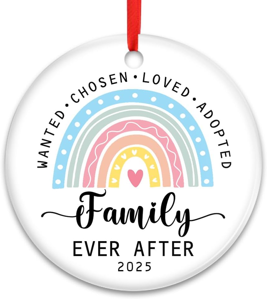 Adoption Family Ornament 2025 – Wanted Chosen Loved Adopted Rainbow Ceramic Ornament – Family Ever After Keepsake Gift – Cute Christmas Tree Hanging Decoration for Adoptive Parents or Kids