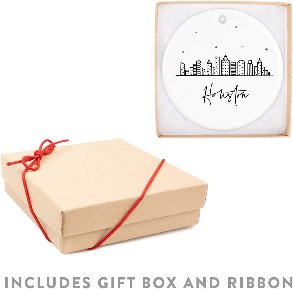 Andaz Press Round Ceramic Porcelain Christmas Tree Ornament Keepsake, Houston Black and White Stars City Skyline Graphic, 1-Pack, Birthday Gift Idea for Family, Coworker, Him, Her, Includes Gift Box