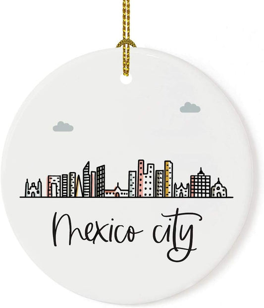 Andaz Press Round Ceramic Porcelain Christmas Tree Ornament Keepsake Gift, Mexico City, Colorful International City Skyline Graphic, 1-Pack, Birthday Family Coworker Him Her, Gift Box