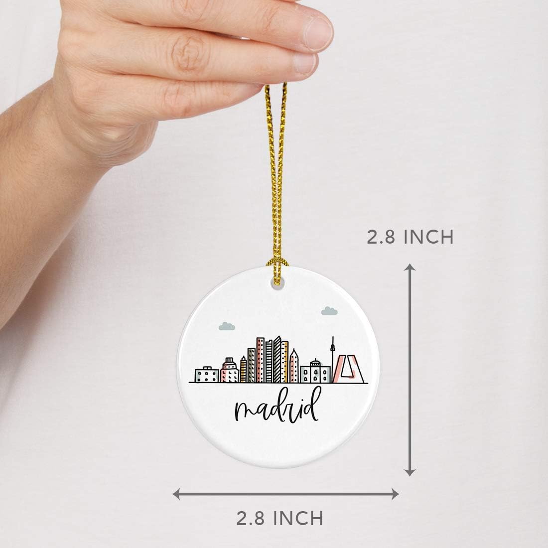 Andaz Press Round Ceramic Porcelain Christmas Tree Ornament Keepsake Gift, Madrid, Colorful International City Skyline Graphic, 1-Pack, Birthday Ideas Family Coworker Him Her, Gift Box