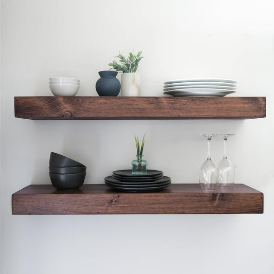 Modern Floating Shelves 3 Inches Thick for Wall, Wide Shelves for Kitchen, Living Room, Bedroom, and Bathroom, Natural Pine Wood, Rustic Wooden Shelf, (Set of 2) (Provincial, 36Lx3Hx8D)