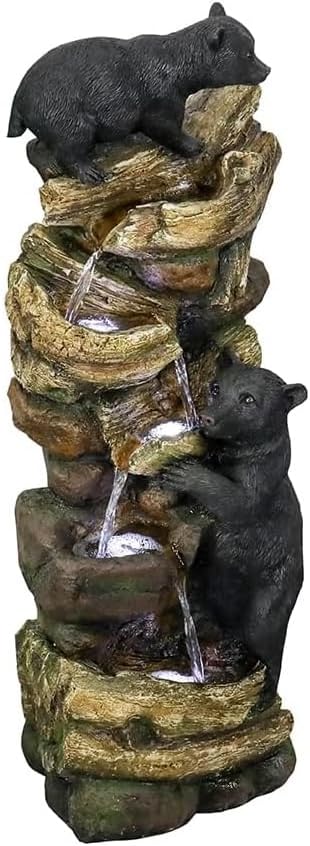 39.3 Inch 5 Tier Outdoor Garden Water Fountain Bears Climbing Tree Resin Fountain with LED Lights for Garden Patio Folding Patio Deck (Brown)