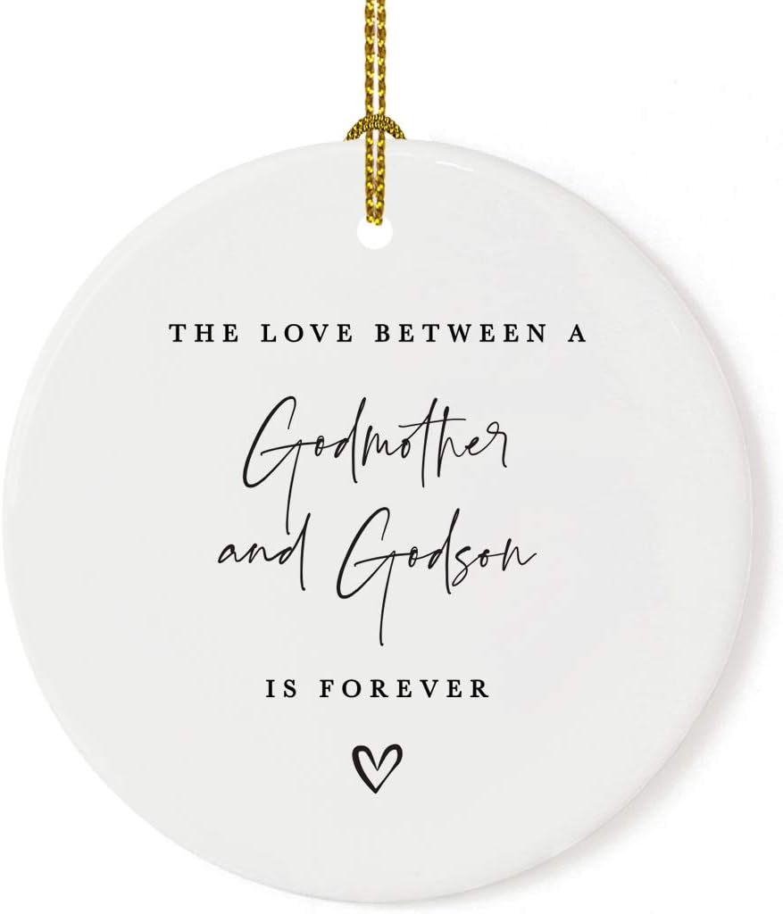 Andaz Press Round Ceramic Porcelain Christmas Tree Ornament Keepsake Collectible Godmother Gift, The Love Between A Godmother And Godson Is Forever, 1-Pack Godmother Ornament 2025 Godson Ornament 2025