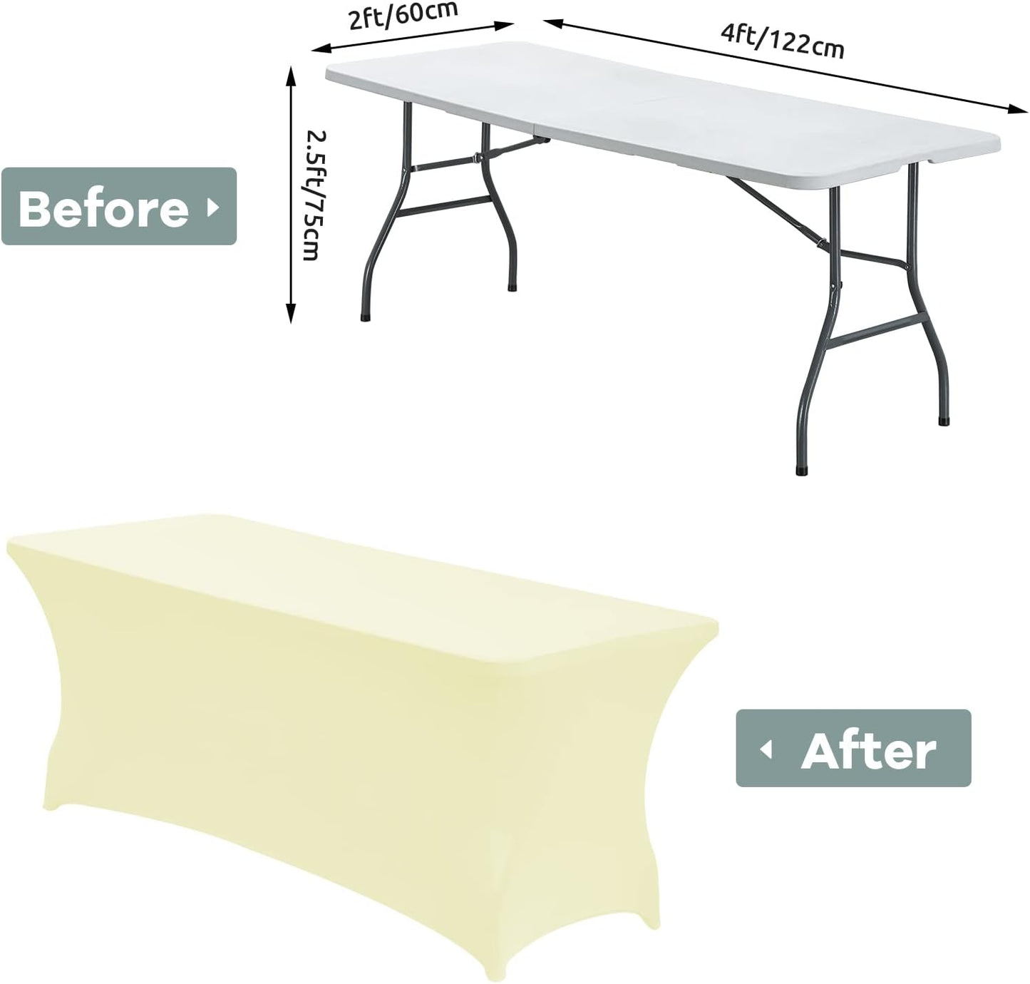 CWK 4FT Waterproof Stretch Spandex Table Cover for Rectangular Tables - Elastic Fitted Tablecloth for Folding Tables,Wrinkle Resistant Table Cloth for Parties, Weddings, Banquets & Events (Beige)