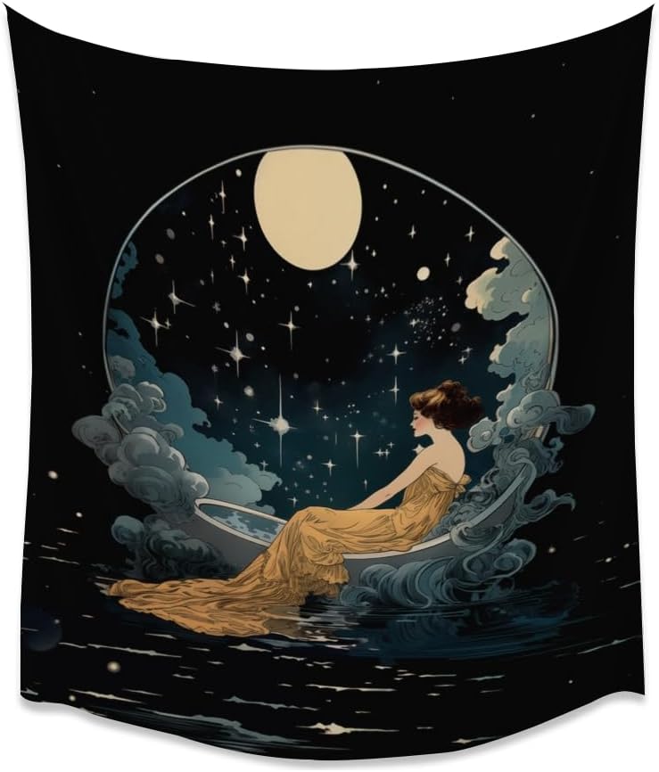 Dark Academia Tapestry Celestial Moonlit Bathing Lady Print Trendy Aesthetic Gothic Wall Hanging Vintage Art Nouveau Tapestries Wall Decor for Bedroom Living Room Dorm 50x60inch