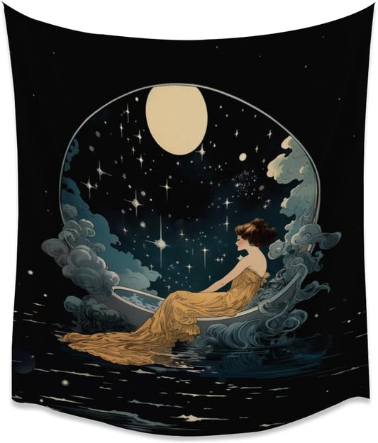 Dark Academia Tapestry Celestial Moonlit Bathing Lady Print Trendy Aesthetic Gothic Wall Hanging Vintage Art Nouveau Tapestries Wall Decor for Bedroom Living Room Dorm 60x80inch