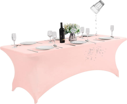 SuperO Waterproof Spandex Table Cover for 8FT Table Universal Fitted Stretch Tablecloth for Party, Banquet, Wedding and Events-Blush Pink