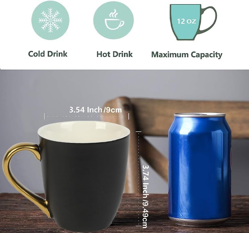 vicrays Coffee Mug Set, 11 Ounce, Set of 6, Ceramic Mug for Men, Women, Unique Glazed Mugs with Handle for Coffee, Tea, Milk, Cocoa, Cereal(Black with Golden)