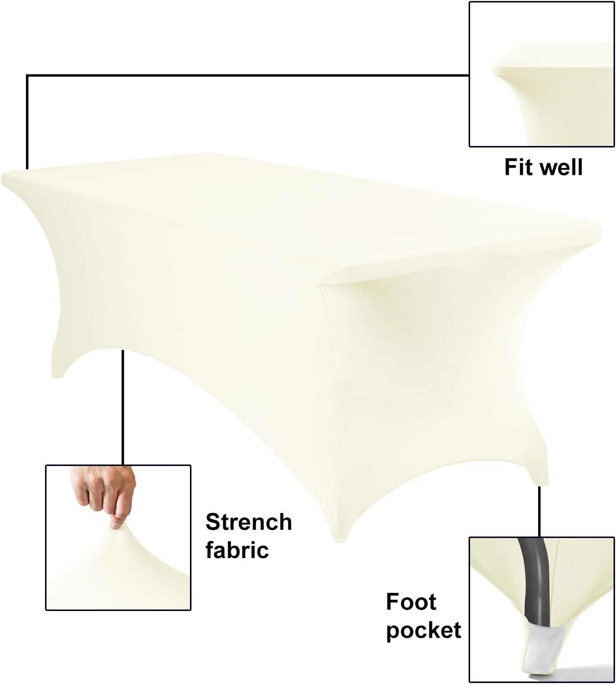 Spandex 8ft Waterproof Table Cover for Party,Wedding, Banquet, and Events(Ivory)
