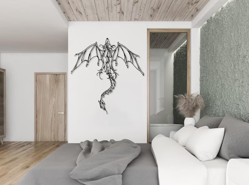 Dragon Metal Wall Art | Legendary Fantastic Dragon Wall Decor | Mythologic Wall Hanging | Man Cave Decorative | Mythic Wyvern Sculpture for Living Room Bedroom Game Room (Black - 47.2'' x 45 / 119 x