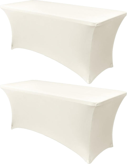 Obstal 6ft Stretch Spandex Table Cover for Standard Folding Tables - 2 Pack Universal Rectangular Fitted Tablecloth Protector for Wedding, Banquet and Party, 72L x 30W x 30H Inches, Cream, 2pc