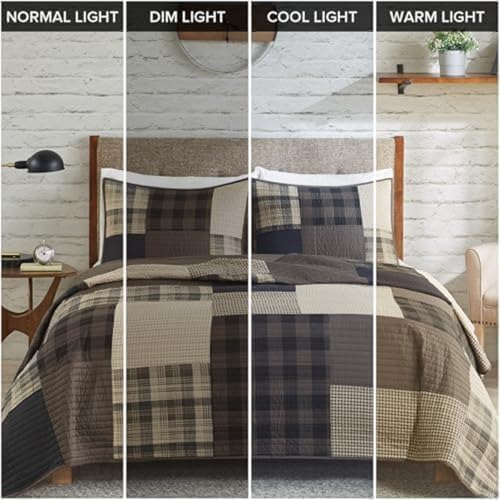 Woolrich Winter Hills Reversible Quilt Set - Cottage Styling Reversed to Solid Color, All Season Lightweight Coverlet, Cozy Bedding Layer, Matching Shams, Oversized Full/Queen, Plaid Tan 3 Piece