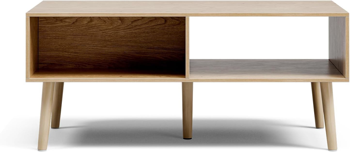 Coffee Table with Storage, Boho Dining Table with Fluted Drawer and Solid Wood Legs, Small Coffee Tables for Living Room, Oak