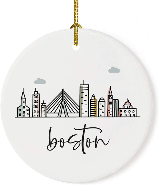 Andaz Round Ceramic Porcelain Christmas Tree Ornament Keepsake Gift, Colorful Boston City Skyline, 1-Pack, Birthday & Ideas for Family & Coworkers, Includes Box